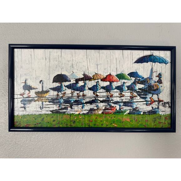 Whimsical Original Oil Painting of Ducks with Umbrellas - Picture 1 of 8